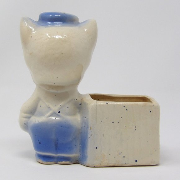 Vintage Planter Anthropomorphic Pig Blue Hat, Bow Tie Overalls 5 1/2" H x 5 1/2" - Picture 3 of 10